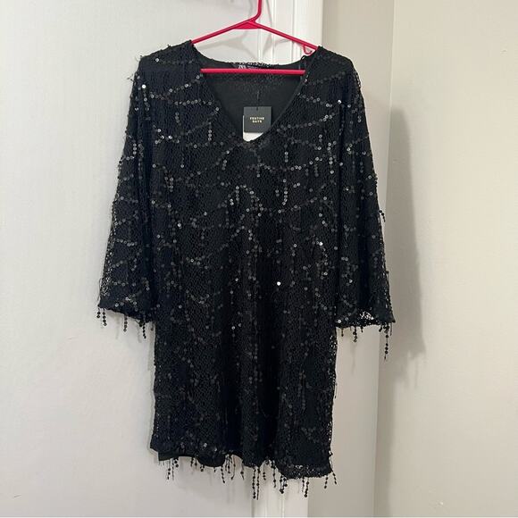Zara Black FRINGED SEQUIN MINI DRESS Size Large - Picture 13 of 14